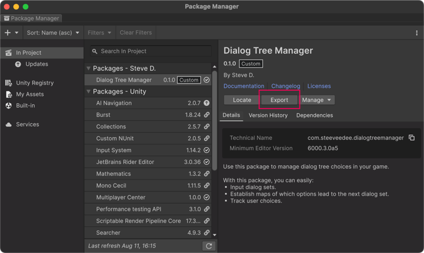 Окно Package Manager с кнопкой Экспорт для редактируемого пакета