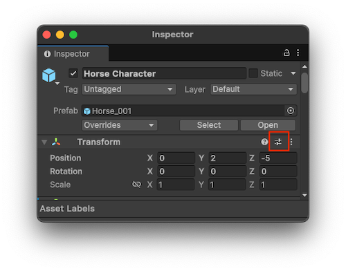 Значок слайдера Preset на компоненте Transform в окне Inspector.