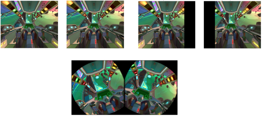 При включенной функции Multiview Render Regions (справа) область носа, скрытая от зрения пользователя, не рендируется, чтобы уменьшить ненужную обработку. В гарнитуре нет видимых различий (внизу).