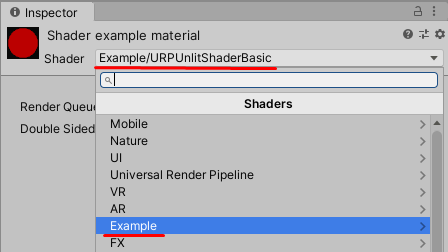 Расположение шейдера в меню Shader на материале