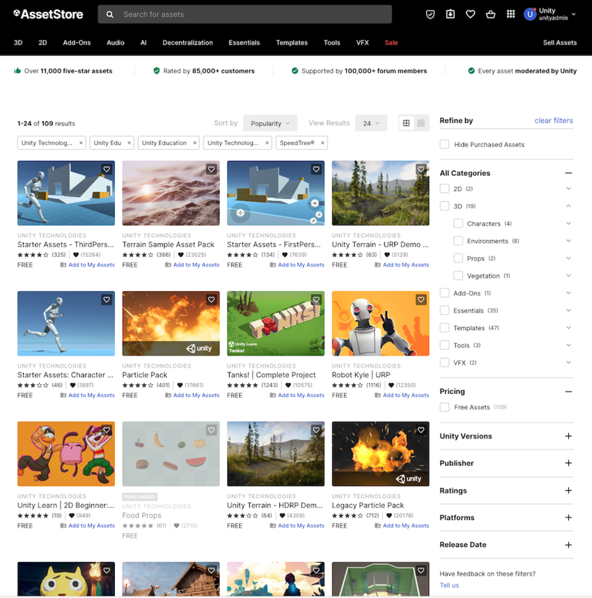 Единиц Asset Store, с выбором ассетов по Unity отображается.