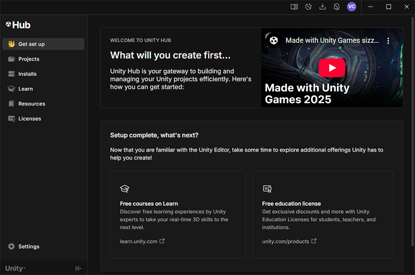 Окно Unity Hub