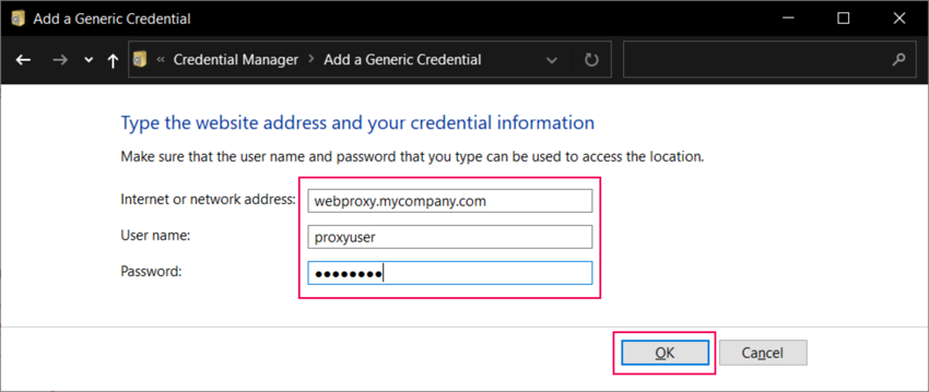 Введите адрес прокси и свои учетные данные в Windows Credential Manager