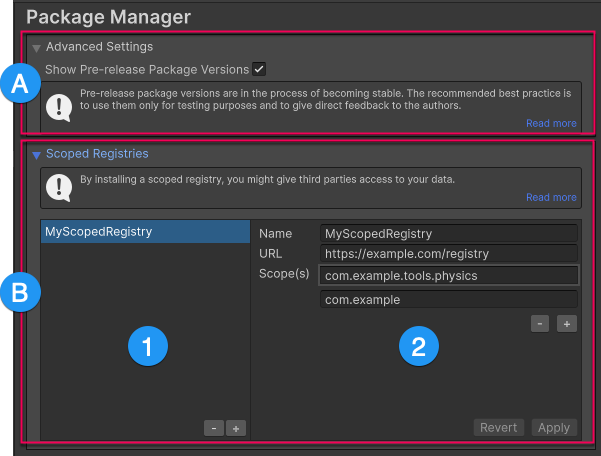 Окно настроек Package Manager. В верхней части окна отображаются настройки пакета предварительного выпуска (A). В основной части окна (B) отображаются регистры с областью действия (1) и сведения о выбранном регистре с областью действия (2).
