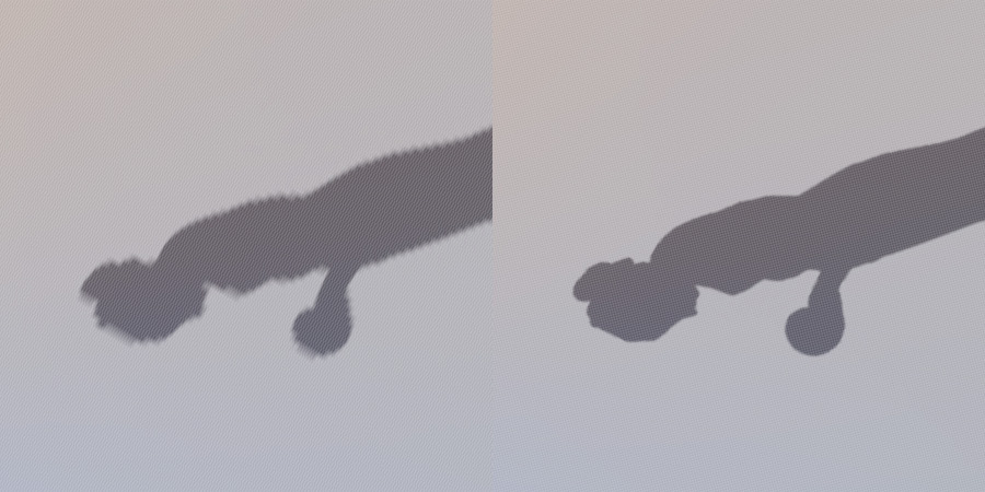Текселы Lightmap растянуты горизонтально, что приводит к искажению выхода — слева. Текселы Lightmap с равномерным масштабированием — справа.