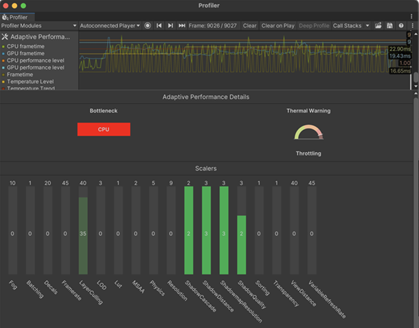 Модуль адаптивной производительности Profiler, работающий в Unity Profiler и показывающий узкое место CPU, термическую дроссель и все включенные масштаберы.