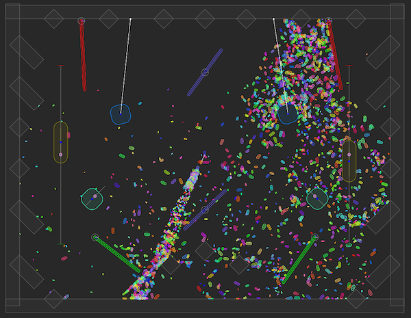 Изображение из демо песочницы хранилища PhysicsCore2D на GitHub. Тысячи крошечных разноцветных капсул разбросаны вокруг области, пересечённой формами 2D, с границами, представленными серыми квадратиками.