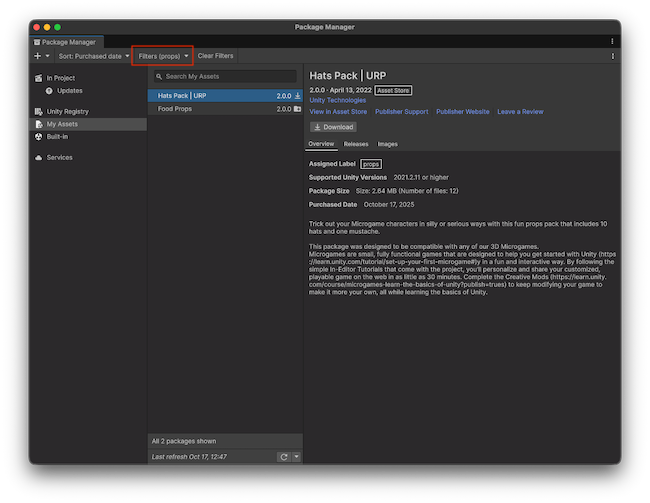 Пакет ассетов Hats в Package Manager с меткой props. Эта метка была выбрана в раскрывающемся списке Фильтры.