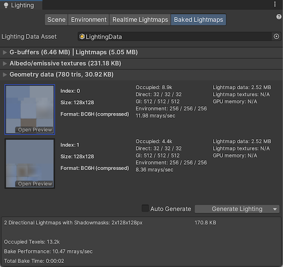 В этом примере, один GameObject назначен другой Baked тег, и Unity создает отдельную lightmap для него.