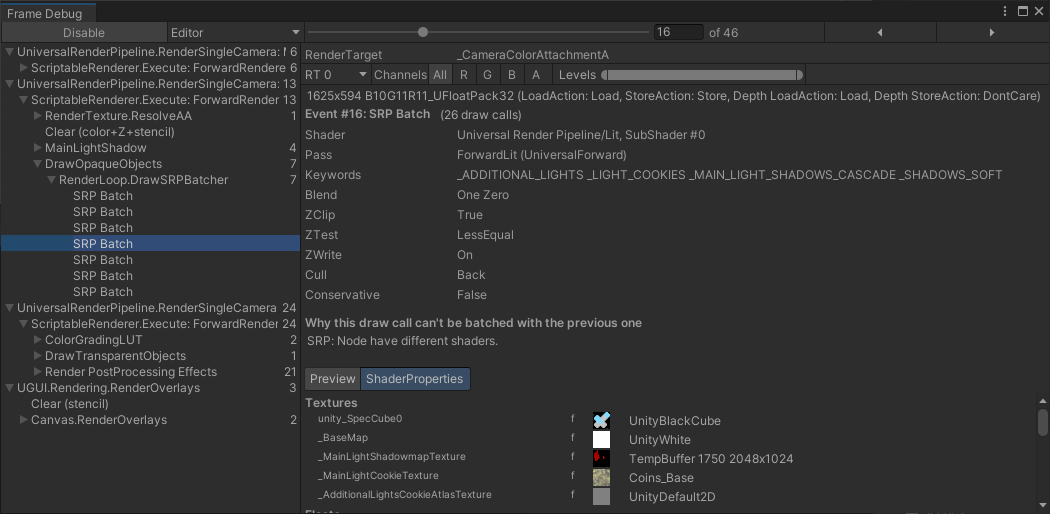 В окне Frame Debugger вы можете найти подробную информацию об отдельных партиях SRP, в том числе почему SRP Batcher создал новую партию SRP вместо продолжения существующей.