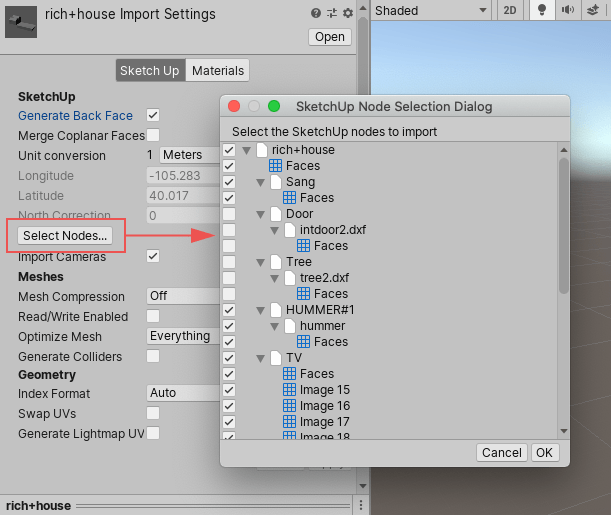SketchUp Диалоговое окно выбора узла