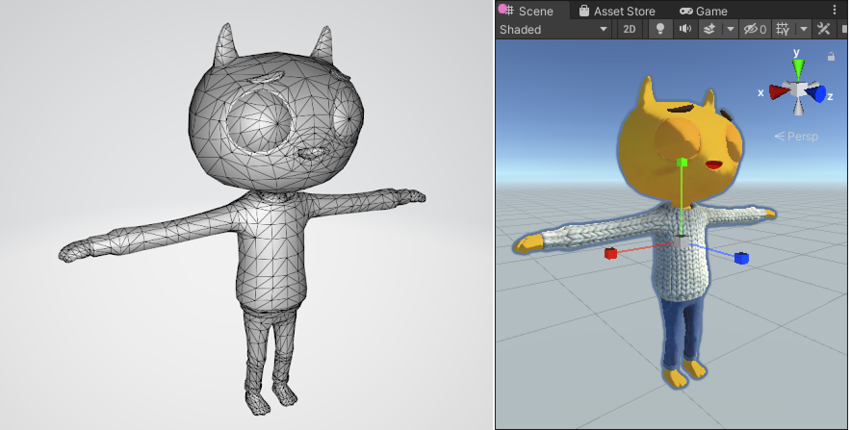 Слева: многоугольная сетка 3D для персонажа игрока. Права: сетка игрока, отображенная в Unity с материалами
