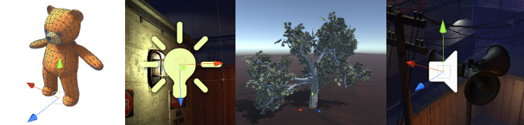 Четыре различных типа GameObject: анимированный персонаж, свет, дерево и источник звука