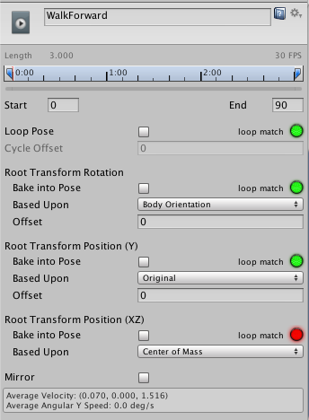 Настройки корня Transform в клипе Animation Inspector