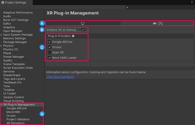 Раздел XR Plug-in Management настроек Project.
