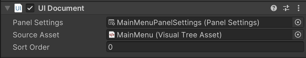 GameObject Inspector показывает UI Компонент Документа с Настройками Панели и Визуальным Деревом.