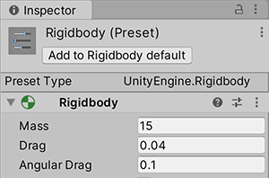 Редактирование preset в окне Inspector