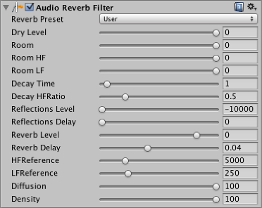 AudioGroup Inspector отображает настраиваемые свойства Аудио Реверберационного Фильтра.