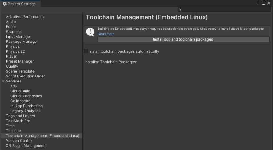 Кнопка установки пакетов SDK и toolchain в Toolchain Management (Embedded Linux)