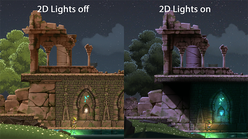 Эти два изображения показывают одну и ту же сцену; на изображении слева 2D Lights отключены, а на изображении справа 2D Lights включены. С 2D Lights вы можете использовать одни и те же спрайты для создания разных погодных условий или настроений.