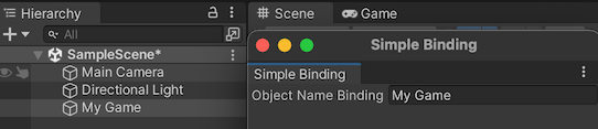 Отображает окно Unity Editor с пользовательским полем для изменения имени GameObject.