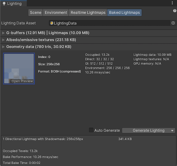 В этом примере все GameObjects имеют один и тот же тег Baked, а Unity хранит все данные освещения в одном атласе.