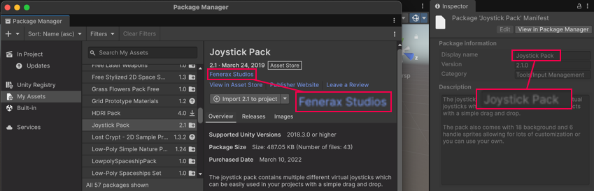 Имя издателя в окне Package Manager (слева) и Отображаемое имя в окне Inspector (справа)