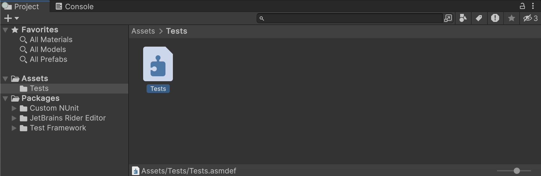 В окне Project отображается новая подпапка папки Assets под названием Tests, которая содержит файл сборки под названием Tests.asmdef.