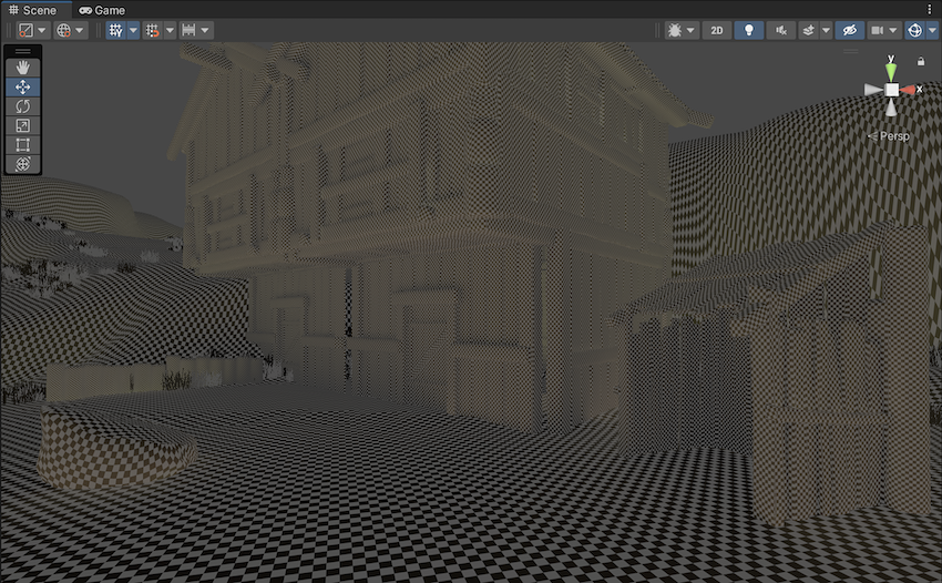 Деревянная деревенская сцена в режиме Baked Lightmap. Все GameObjects имеют плотный шахматный узор для представления текстур lightmap.