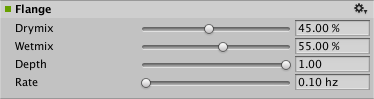 AudioGroup Inspector отображает настраиваемые свойства эффекта Audio Flange.