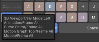 Команды клавиш A перечислены в tooltip.