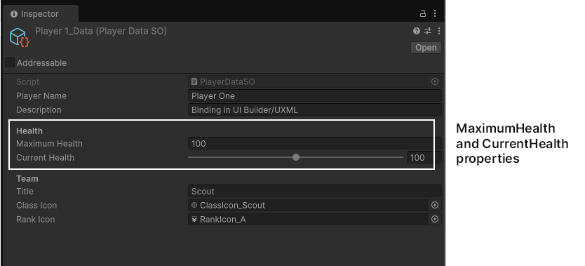 Источник данных содержит данные о состоянии из PlayerDataSO ScriptableObject.