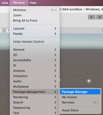 Доступ к окну Package Manager из меню Окно