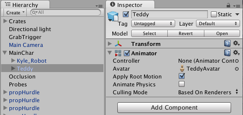 Дочерний Teddy GameObject с компонентом Animator Controller, установленным на no controller.
