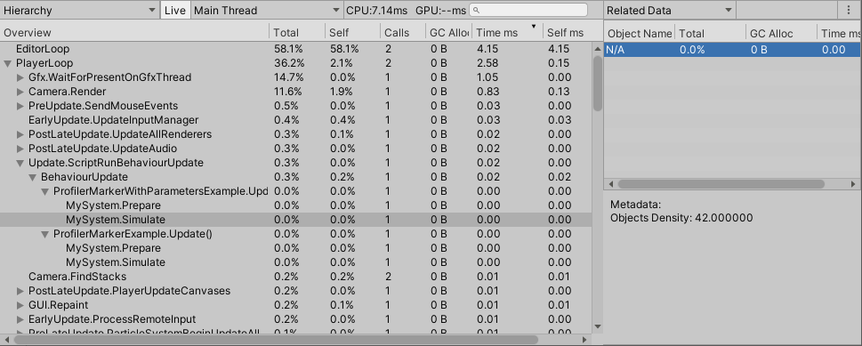 Образец Profiler с метаданными в представлении Hierarchy.