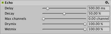 AudioGroup Inspector отображает настраиваемые свойства аудио эффекта эхо.