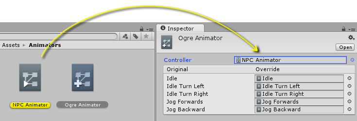 Перетащите ассет Animator Controller из окна Project в поле Controller