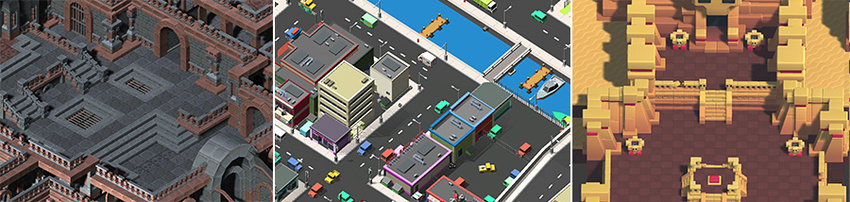 Некоторые игры 3D используют Ортографический вид. Изображения созданы с использованием ассетов Synty Studios и BITGEM