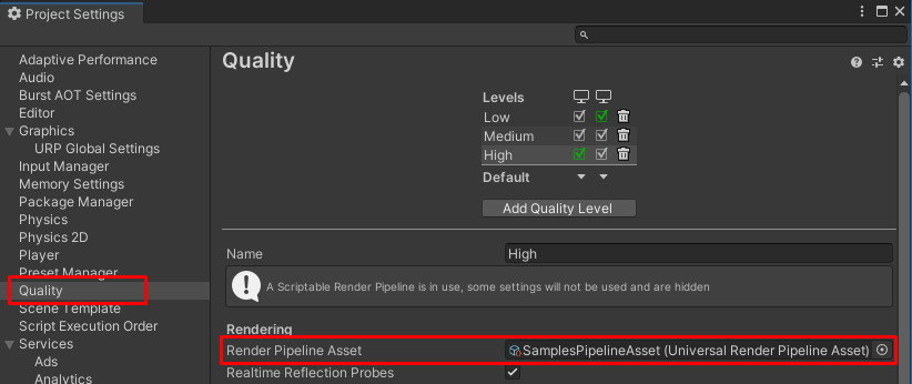 В Project Настройки > Качество > Render Pipeline Ассет, выберите SamplesPipelineAsset