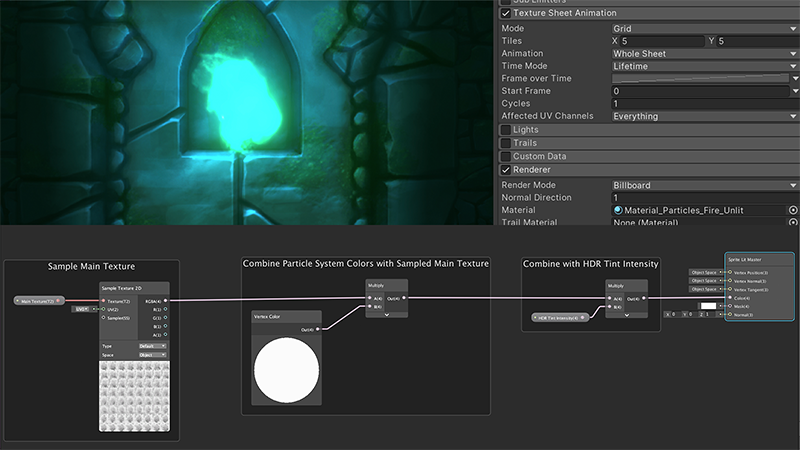 Эффект огня, созданный с Particle System и Shader Graph для 2D