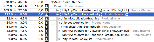 Трассировка инструментов примера проекта Unity, работающего на устройстве iOS
