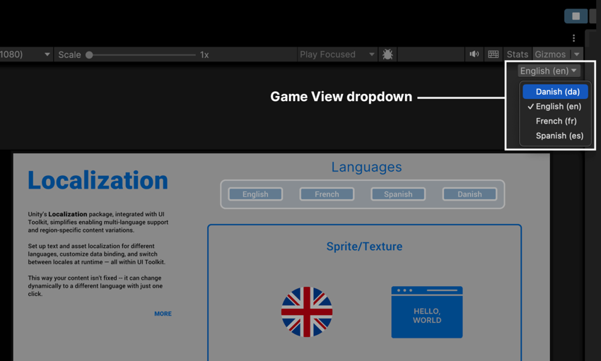 Используйте раскрывающееся меню Game View Locale для предварительного просмотра локализации.