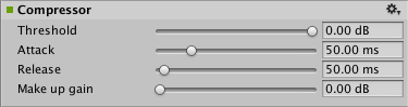 AudioGroup Inspector отображает настраиваемые свойства эффекта Audio Compressor.