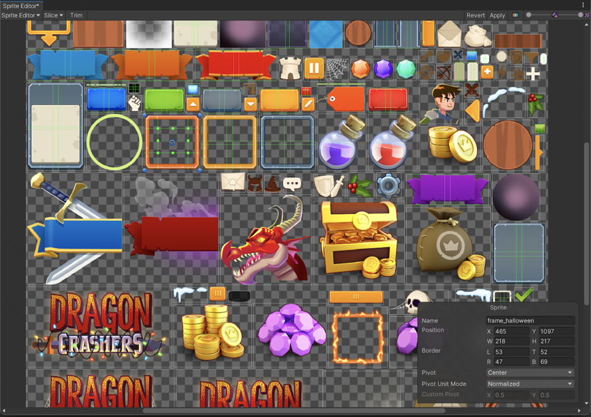 Типичный игровой UI атлас из UI Toolkit образца -- Dragon Crashers