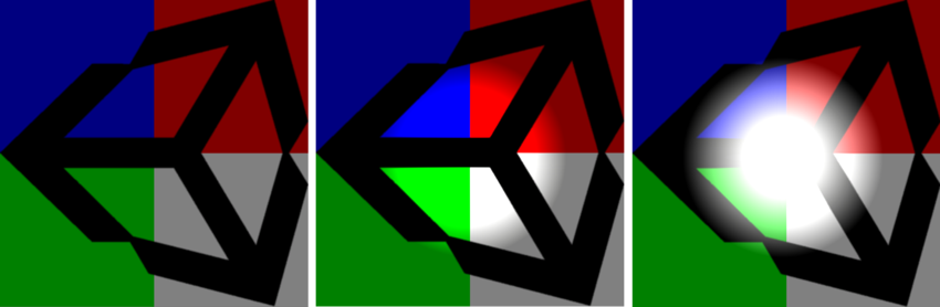Разноцветный логотип Unity, с версиями, где Blend Style установлен на Multiply и Additive.