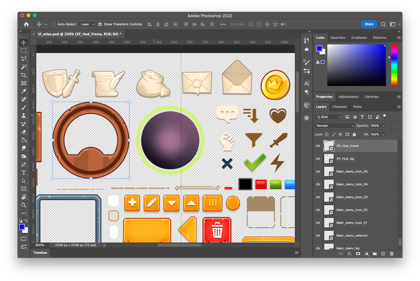 Создание ассетов UI в Photoshop: Обычно каждый элемент имеет свой слой, группу или является умным объектом. Умные объекты позволяют работать с каждым элементом в изоляции и сохранять первоначальное разрешение элемента, даже если размер изменяется позже в основном документе.