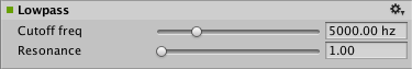 AudioGroup Inspector отображает настраиваемые свойства Audio Low Pass Effect.