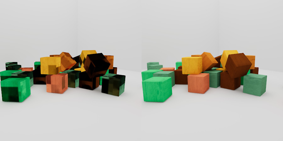 Серьезные артефакты на объектах с отсутствующим lightmap UVs (слева) по сравнению с правильно созданным lightmap UVs (справа). 