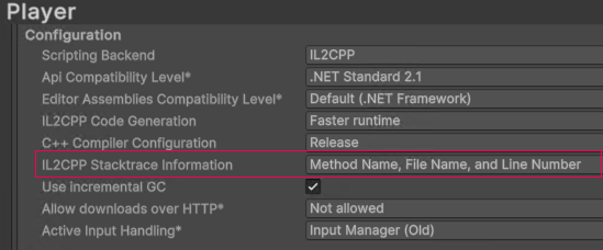 Свойство IL2CPP Stacktrace Information, установленное на Имя метода, Имя файла и Номер строки