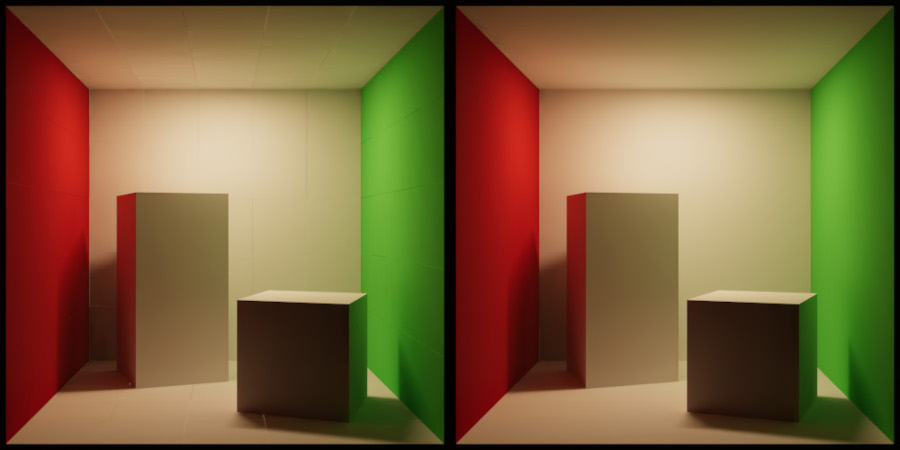 Сцена Cornell Box, собранная с использованием модульных мешей с видимыми швами после запекания lightmap — слева. Меши объединены в инструменте создания цифрового контента (DCC) перед экспортом, без видимых швов lightmap — справа.